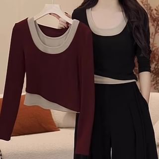 Long-Sleeve Scoop Neck Two Tone Mock Two-Piece Tee SpreePicky