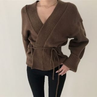 Wrapped V-Neck Knit Cardigan with Sash SpreePicky