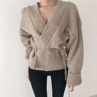 Wrapped V-Neck Knit Cardigan with Sash SpreePicky