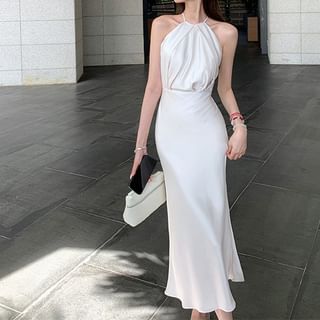 Halter Neck Plain Ruched Slit Satin Midi Mermaid Wedding Dress SpreePicky