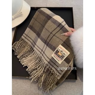 Plaid Fringed Trim Applique Scarf SpreePicky