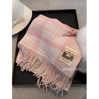 Plaid Fringed Trim Applique Scarf SpreePicky