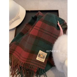 Plaid Fringed Trim Applique Scarf SpreePicky