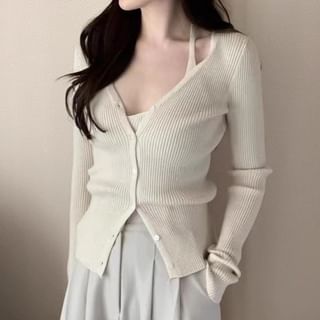 V-Neck Plain Ribbed Knit Cardigan SpreePicky