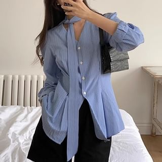 Long Sleeve V-Neck Striped Tie Front Blouse SpreePicky