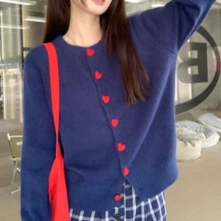 Heart-Button Round-Neck Cardigan SpreePicky