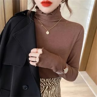 Long Sleeve Turtleneck Plain Lettuce Edge Top SpreePicky