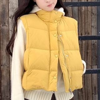 Plain Zip Puffer Vest / Hooded Cardigan / Mid Waist Striped Loose Fit Pants SpreePicky