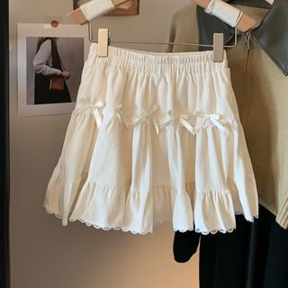 High Rise Plain Bow Lace Trim Mini A-Line Skirt SpreePicky