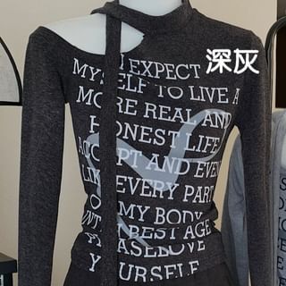 Long-Sleeve One-Shoulder Lettering T-Shirt / High Rise Plain Wide Leg Pants SpreePicky