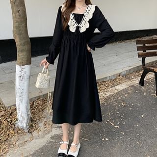 Long Sleeve Square Neck Lace Panel Midi A-Line Dress SpreePicky