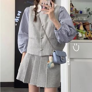 Puff-Sleeve Striped Shirt / Plain Single-Breasted Vest / High Waist Pleated Mini A-Line Skirt SpreePicky