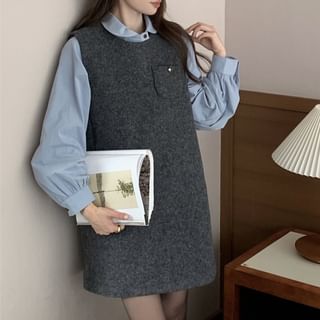 Puff-Sleeve Plain Shirt / Crew Neck Mini Jumper Dress SpreePicky