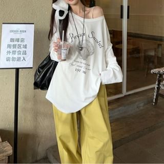 Long Sleeve Cold-Shoulder Graphic & Lettering Print Loose-Fit Pullover / High Waist Loose-Fit Wide-Leg Cargo Pants SpreePicky