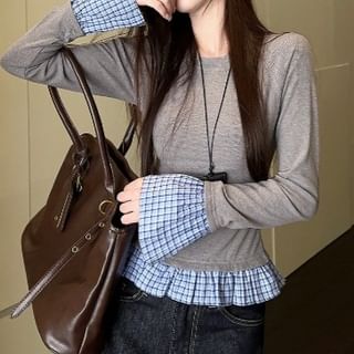 Mock Two-Piece Long-Sleeve Plaid Hem Top SpreePicky