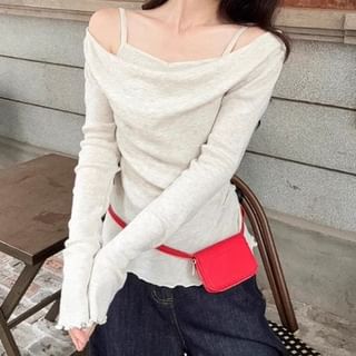 Mock Two-Piece Long-Sleeve Cold Shoulder Plain Knit Top SpreePicky