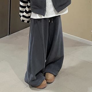 Plain Fleece-Lined Zip Hoodie / Drawstring Waist Wide Leg Sweatpants SpreePicky