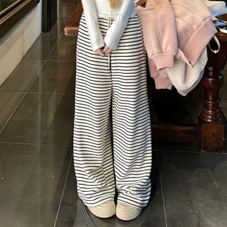 Plain Fleece-Lined Zip Hoodie / Long Sleeve Halter Plain Mock Two Piece T-Shirt / Drawstring Waist Striped Wide Leg Pants SpreePicky