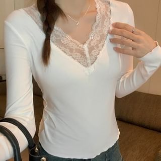 Long-Sleeve V-Neck Plain Lace Panel Slim Fit T-Shirt SpreePicky