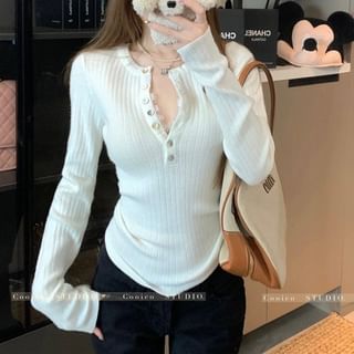 Long-Sleeve Crew Neck Plain Lace Trim Half-Buttoned Slim Fit Crop Knit Top SpreePicky