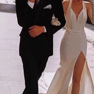 Sleeveless V-Neck Plain Slit A-Line Wedding Dress SpreePicky