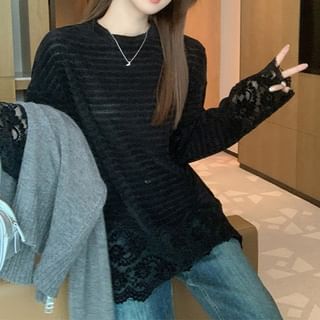 Long-Sleeve Round Neck Plain Lace Panel T-Shirt SpreePicky