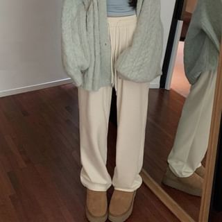 Plain Padded Crop Cami Top / V-Neck Cable Knit Button-Up Cardigan / Drawstring Waist Loose Fit Pants SpreePicky