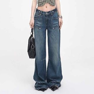 Low Rise Washed Straight-Fit Wide-Leg Jeans SpreePicky