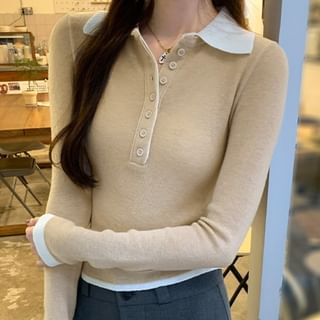 Long-Sleeve Collared Mock Two-Piece Two Tone Half-Buttoned Knit Top SpreePicky