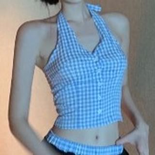 Waist Leg Low Gingham / Pants Wide Top Button-Up Halter V-Neck Crop FashionChic