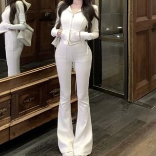 Plain Zip Sweatpants Crop Hoodie High / Waist Flared FashionChic