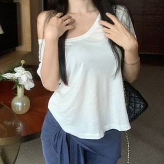 Shoulder Yoga / Plain Waist Overlay High Skirt Off Crop T-Shirt Pants Short-Sleeve FashionChic