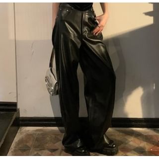 High Top Neck Faux / Flared Leather Plain Rise Pants Camisole Square FashionChic