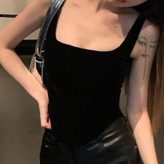 High Top Neck Faux / Flared Leather Plain Rise Pants Camisole Square FashionChic