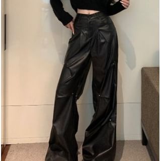 Plain Leather Wide Crop Pants Rise High Neck Faux / Leg Top Round Long-Sleeve FashionChic