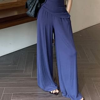 Tube Plain Strapless / Drawstring Waist Wide Top Pants Leg FashionChic
