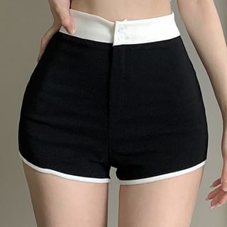 / Plain Neck T-Shirt Scoop Waist High Crop Short-Sleeve Trim Pants Hot Contrast FashionChic