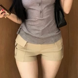 Collared Fit Short-Sleeve / Slim Pants High Plain Half-Buttoned Tee Waist Hot FashionChic