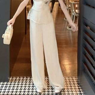 High Rise Cap-Sleeve Buttoned Wide Set Collar Leg Floral Plain Crop Frog Tube Slit Stand Embroidered Pants / Top FashionChic