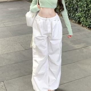 Cargo Plain Wide V-Neck Long-Sleeve Pants / Drawstring Waist Knit Leg Crop Top Ribbed FashionChic