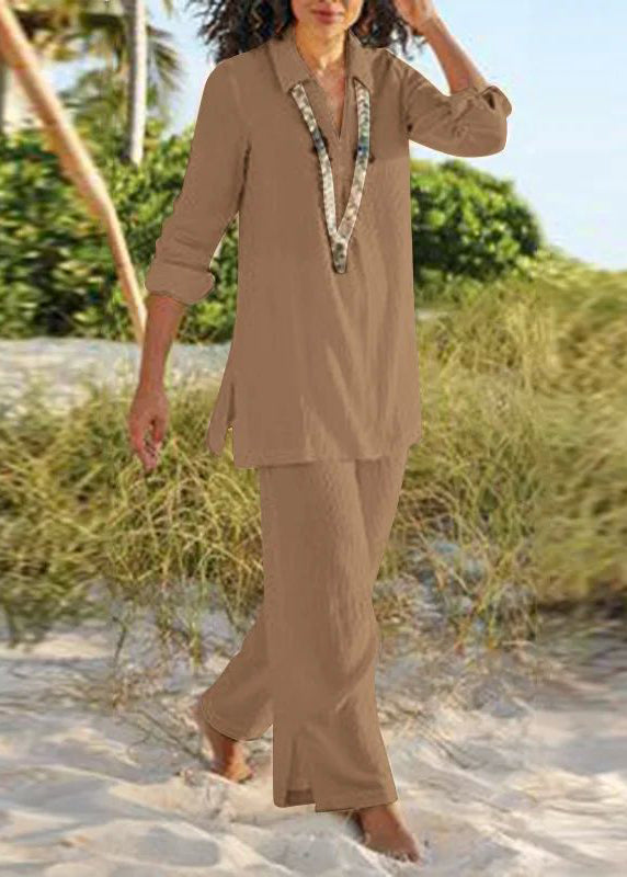 Peter Shirt Two Pan Pants Natural Leg And Khaki Collar Wide FashionChic