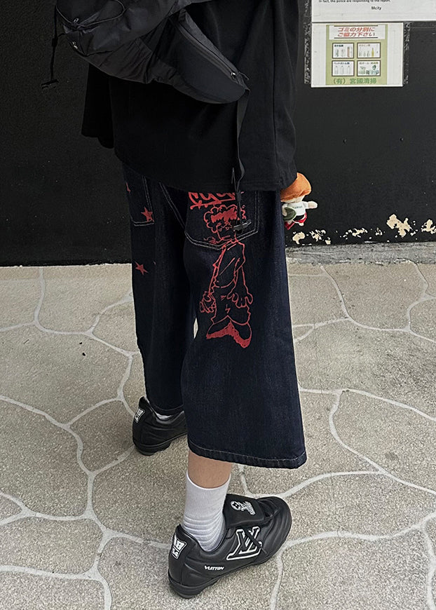 Pants Crop Pockets Navy Summer Denim Print Men New FashionChic