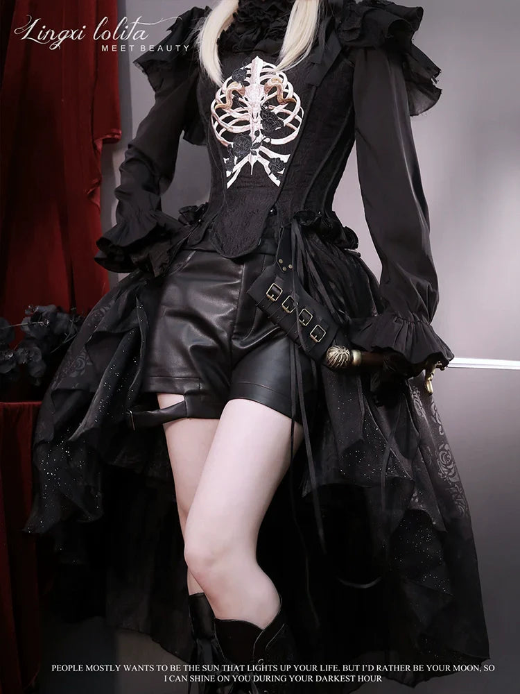 (BFM)Lingxi Lolita~Bone island Gothic Lolita Corset Goth Blouse Skirt Set   