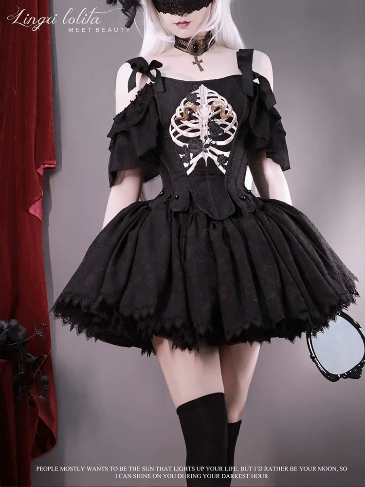 (BFM)Lingxi Lolita~Bone island Gothic Lolita Corset Goth Blouse Skirt Set   