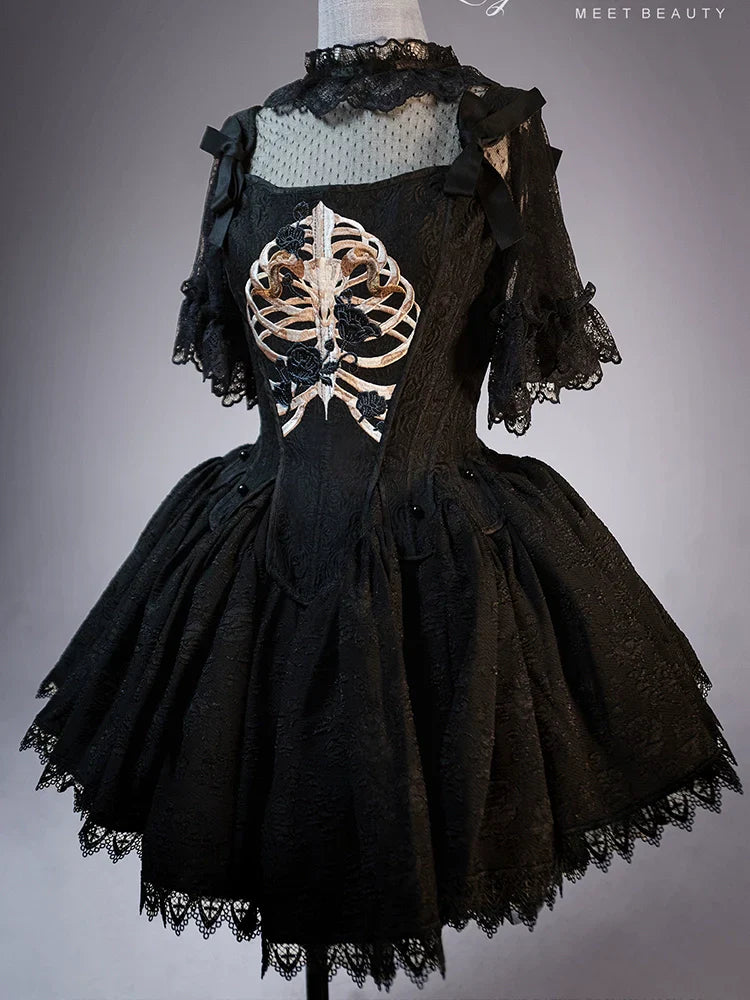 (BFM)Lingxi Lolita~Bone island Gothic Lolita Corset Goth Blouse Skirt Set   