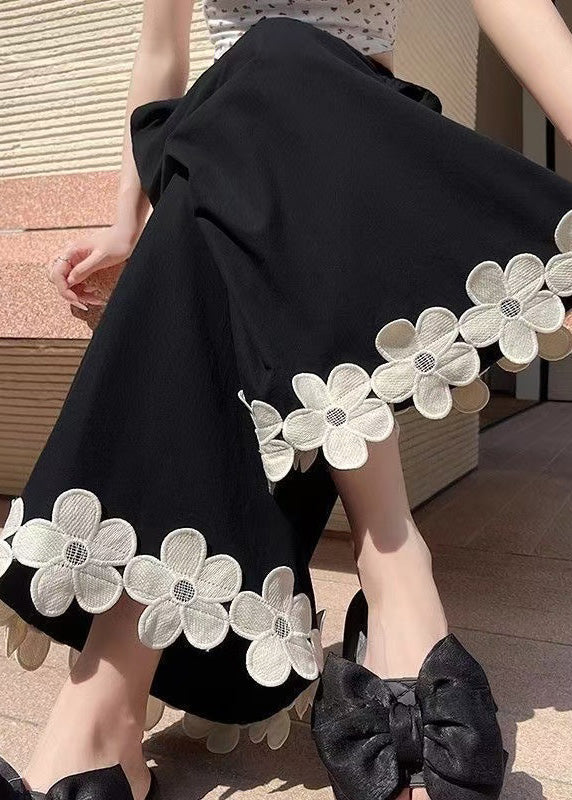 Floral Wide Design Pants Original Leg Black Cotton Patchwork FashionChic