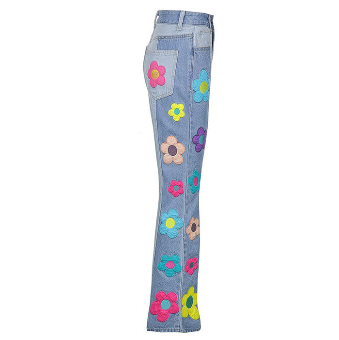 Colorful Flowers Denim Jeans Boogzel Clothing