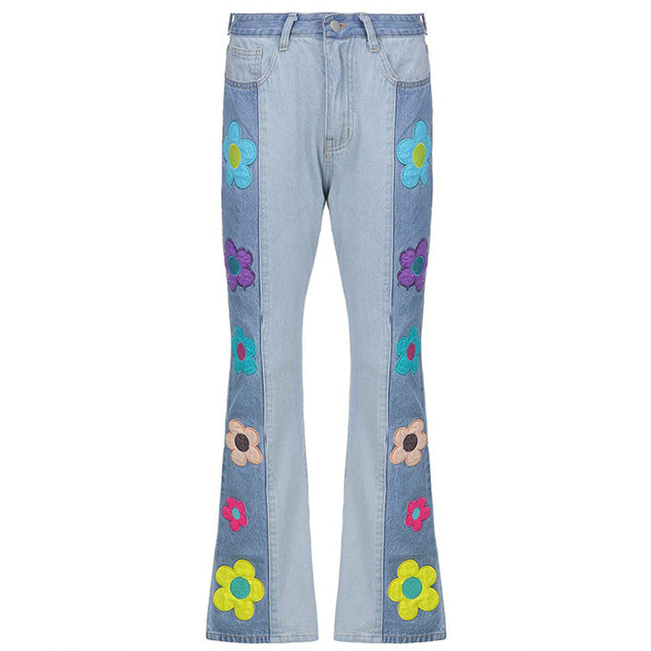 Colorful Flowers Denim Jeans Boogzel Clothing