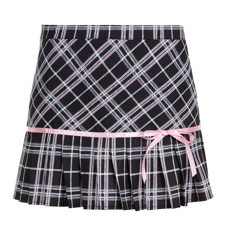 Pink Plaid Ribbon Mini Skirt SpreePicky