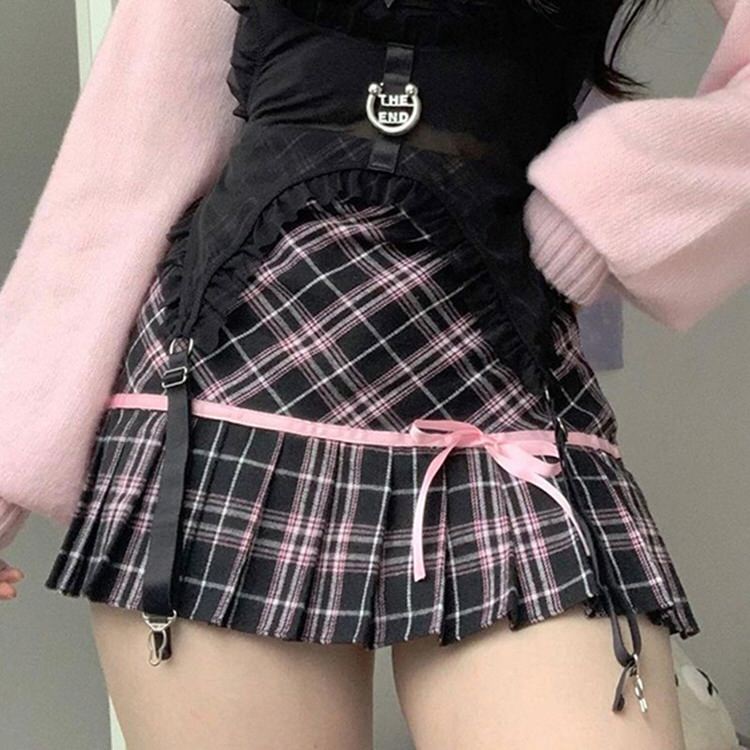 Pink Plaid Ribbon Mini Skirt SpreePicky